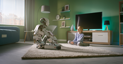 Mädchen sprechen mit Roboter-Freund zu Hause